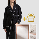 Set: velour bathrobe with shawl collar and cotton bath mat