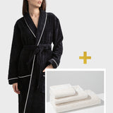 Set: velour shawl-collared dressing gown and cotton towels (3 VNT, 30x50, 50x90, 70x140)