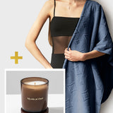 Set: large velour towel (90 x 170 cm) and scented soy wax candle "Mystical oud" 220 g