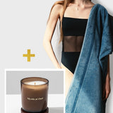 Set: large velour towel (90 x 170 cm) and scented soy wax candle "Mystical oud" 220 g