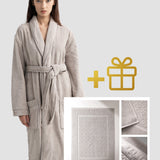 Set: velour bathrobe with shawl collar and cotton bath mat