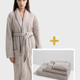 Set: velour shawl-collared dressing gown and cotton towels (3 VNT, 30x50, 50x90, 70x140)