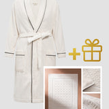 Set: velour bathrobe with shawl collar and cotton bath mat