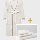 Set: velour shawl-collared dressing gown and cotton towels (3 VNT, 30x50, 50x90, 70x140)