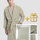 Set: velour bathrobe with shawl collar and cotton bath mat