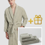 Set: velour shawl-collared dressing gown and cotton towels (3 VNT, 30x50, 50x90, 70x140)